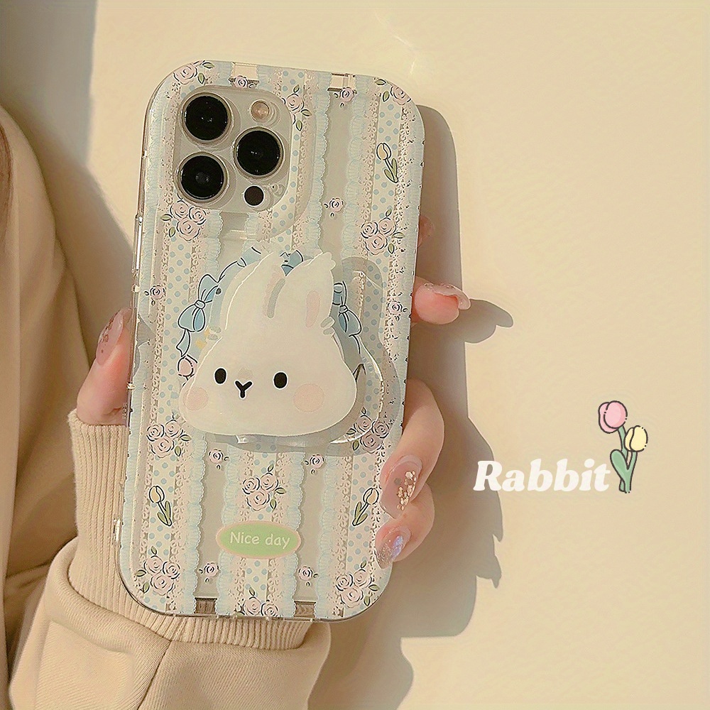 

Cartoon Cute Girl Lace Rabbit Transparent White Rabbit Bracket Phone Case For 15/14/13/12/11 Series