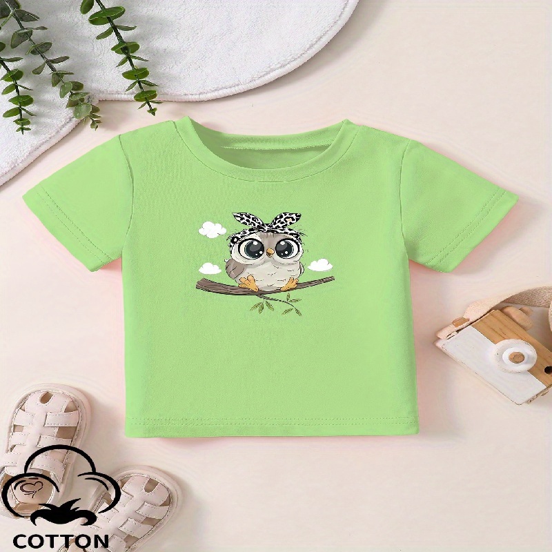 

Anime Owl With Big Eyes Graphic Print, Girls' Casual 95% Cotton Short-sleeve T-shirt Pullover For Spring And Summer For Outdoor Activities