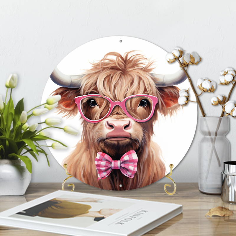 

1pc 8x8inch Aluminum Metal Sign Whimsical Valentine Highland Cow With Pink Heart Glasses For Home Decor, Wall Decor, Metal Wreath Sign, Door Decor