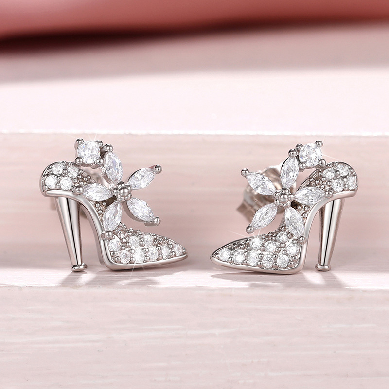 

Exquisite High Heel Flower Decor Shiny Synthetic Gems Inlaid Stud Earrings Elegant Style Silver Plated Jewelry Delicate Female Gift