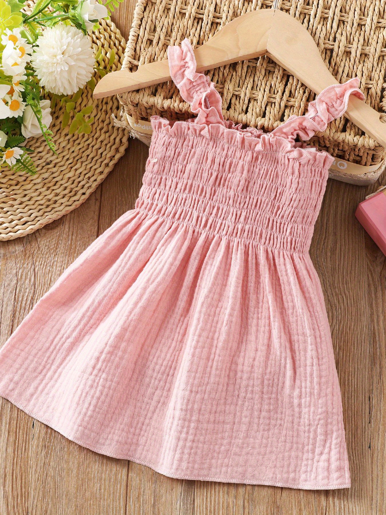 100% Cotton Baby Girl Textured Ruffle Trim Short-sleeve Dress