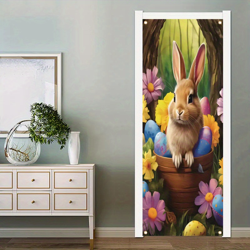 

1pc, 70x35 Inch Vinyl Door Cover Banner, Vinyl, Happy Easter Bunny Design, Home Room Decor