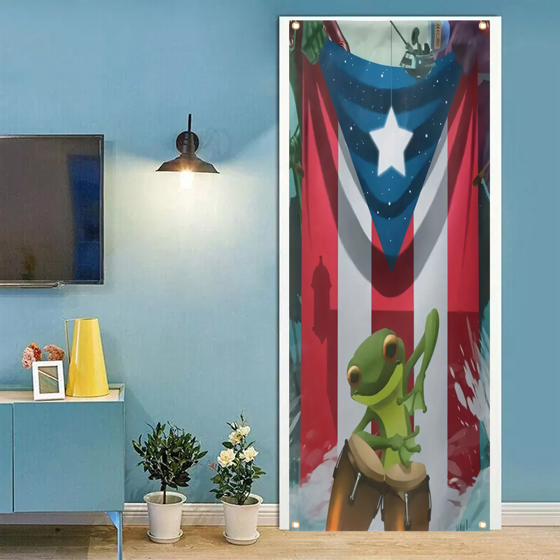 

1pc, 70x35 Inch Vinyl Door Cover Banner,vinyl, Puerto Rico Frog Flag, Home Room Decor