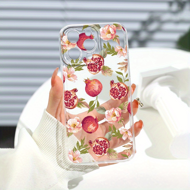 

Luxury Transparent Silicone Pattern Pomegranate & Flowers Phone Case For Iphone 15 14 13 12 11 Pro Max Xr X Xs 7 8 14 15 Plus Se 2020 Clear Bumper Shockproof Soft Cover