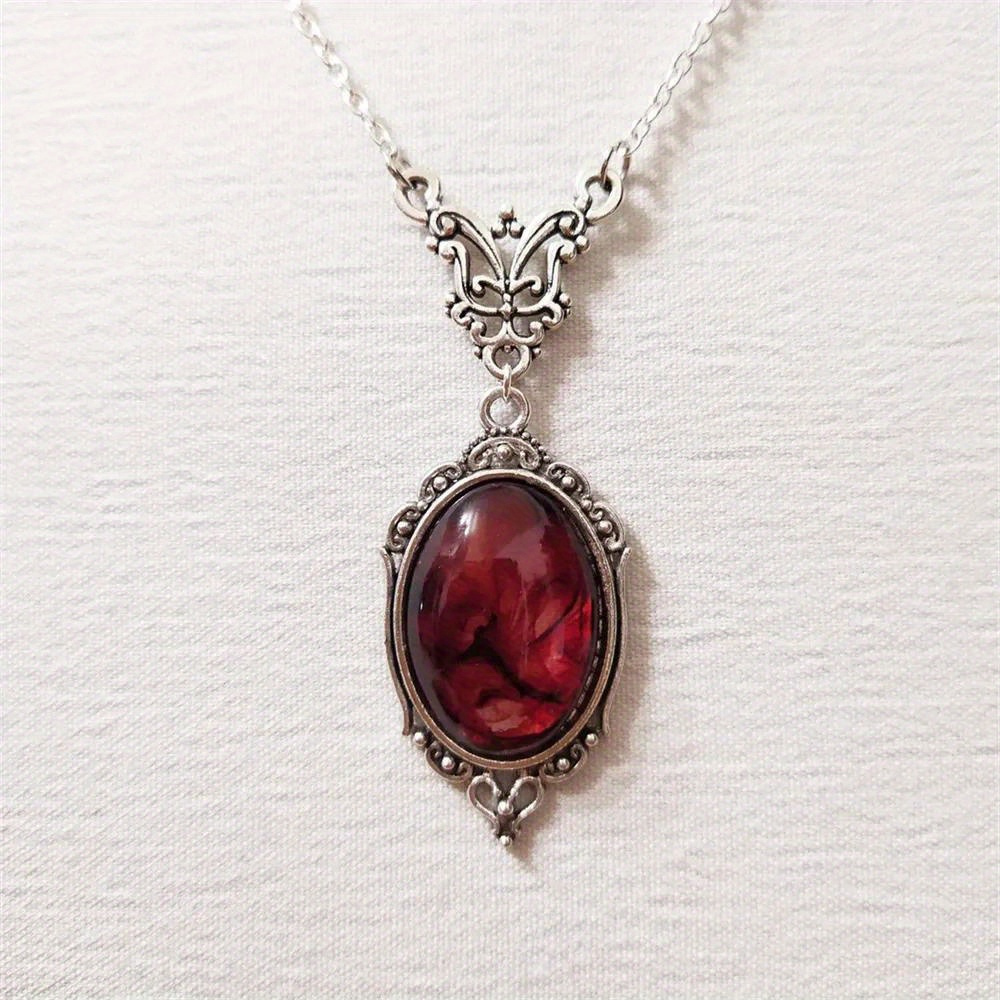 

Victorian Gothic Red Pendant Necklace, Oval Bloodstone Vampire Synthetic Gem Embossed, Women's Witch Jewelry, Vintage Style Necklace With Ornate Details