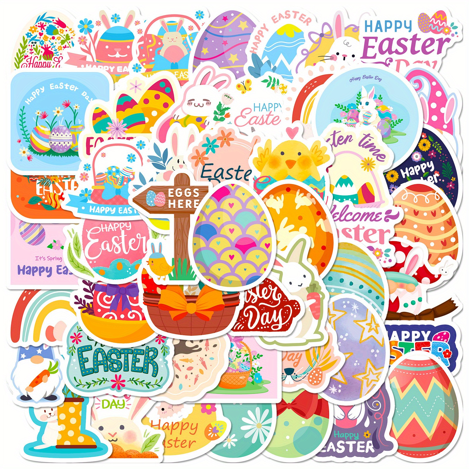 

50pcs Easter Cute Cartoon Egg Bunny Stickers For Mobile Phones, Computer Dyi Stickers For Notebooks, Water Cup Suitcase Decoration Stickers, Guitar Skateboard Bumper Waterproof Stickers