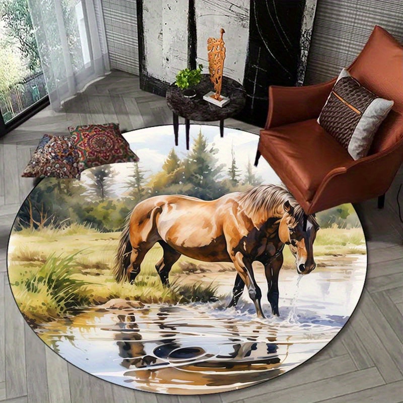 

800g/m2 Crystal Velvet Horse Pattern Round Rug Doormat Floor Mat Home Carpet Hotel Living Room Floor Mats Anti Slip Aesthetic Room Decor Art Supplies Home Decor