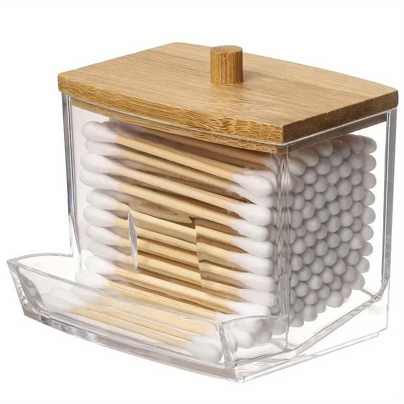 

1pc Cotton Swab Pads Holder, Cotton Buds Ball Dispenser, Bathroom Container, Apothecary Jar For Storage With Wooden Lid, Plastic Storage Organizer