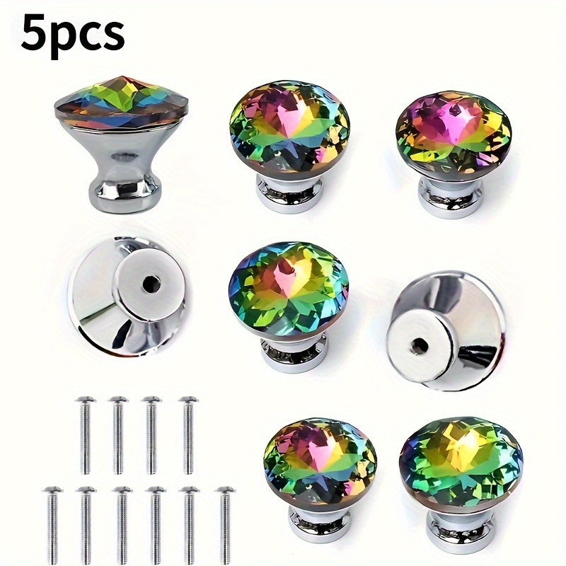 

5pcs Cabinet Knobs, 1.2in Dresser Knobs, Crystal Glass Drawer Pulls And Knobs, Diamond Shape Colorful Crystal Knobs For Kitchen, Cupboard Bathroom Pull Handles