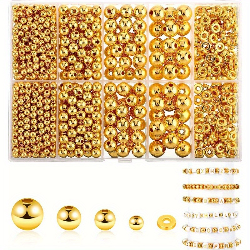 

1250pcs Golden Spacer Beads For Bracelet Making, 4/6/8/10 Mm Golden Round Spacer Beads And Golden Flat Beads For Diy Jewelry Bracelet Making