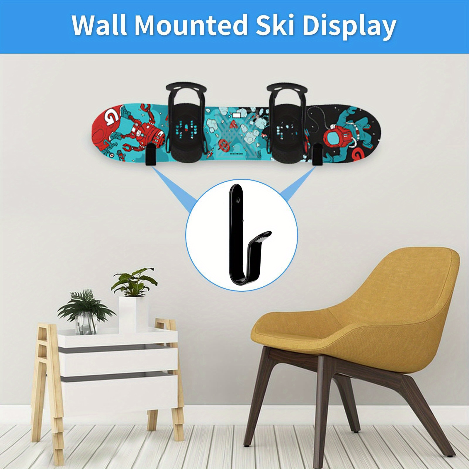 NOGIS 4 Pcs Horizontal Snowboard Wall Mount Clips Rack Skateboard Display Indoor Storage Room Garage Home Longboard Skis Black