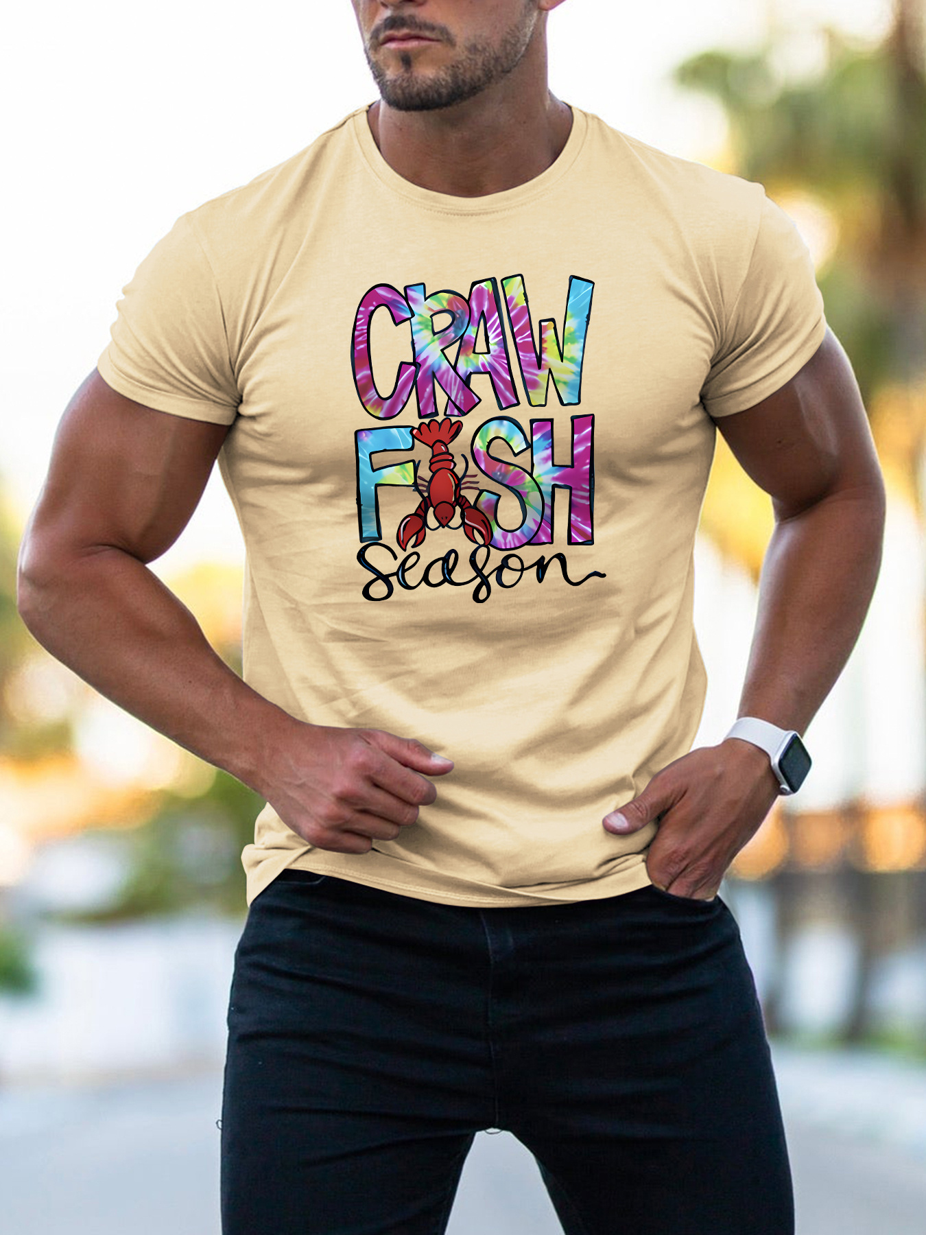 Craw Fish Print Men's Creative Top, Casual Short Sleeve Crew Neck T-Shirt, Blouses, Tee, Men's Clothing for Summer Outdoor,Casual,Temu