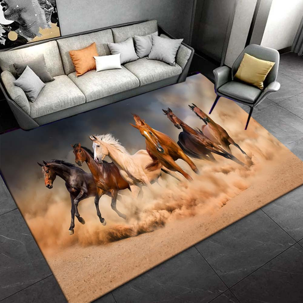 

800g/m2 1pc 3d Running Horses Pattern Area Rug Soft Flannel Floor Mat For Living Room, Bedroom And Carpet, Sofa Coffee Table Floor Mat, Machine Washable, Decorative Rug