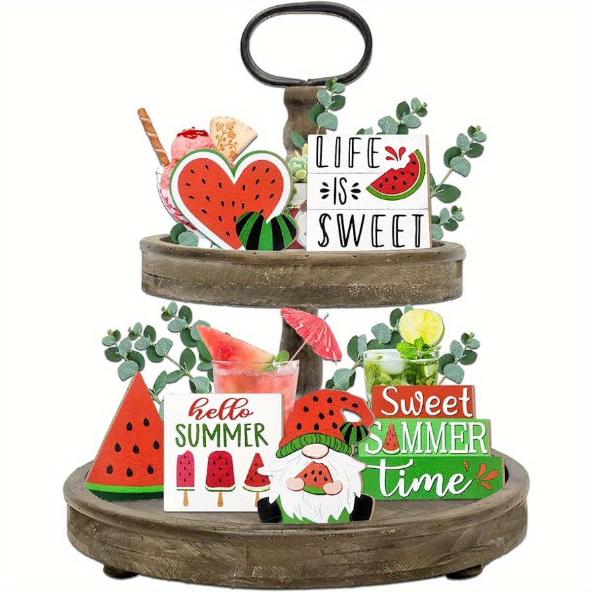 

Summer Tiered Tray Decor, Farmhouse Watermelon Tray Decorations, Hello Summer Sweet Watermelon Gnome Wooden Signs, Rustic Summer Home Decor For Table Mantel Office Holiday Party