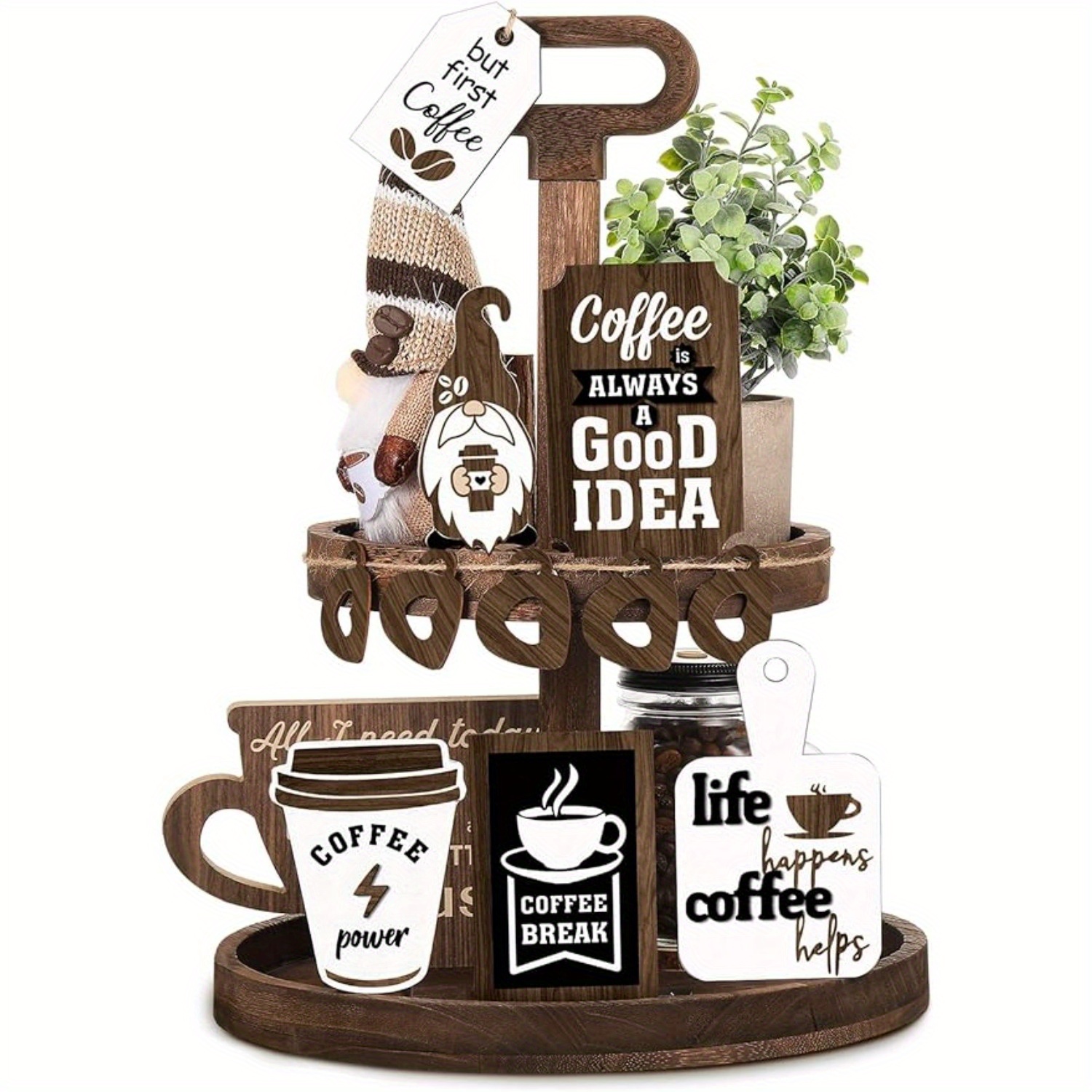 

1 Set Coffee Tiered Tray Decor Set Farmhouse Coffee Mini Wooden Signs Gnomes Coffee Cup Decor Vintage Coffee Signs Hello Coffee Decorations For Coffee Station Bar Tray Shelf