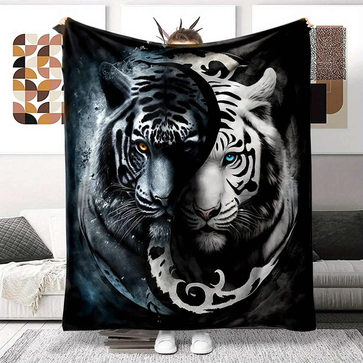 

1pc 3d Animal Yin Yang Tiger Flannel Blanket Super Soft Throw Blankets For Bedroom Couch Sofa Gift