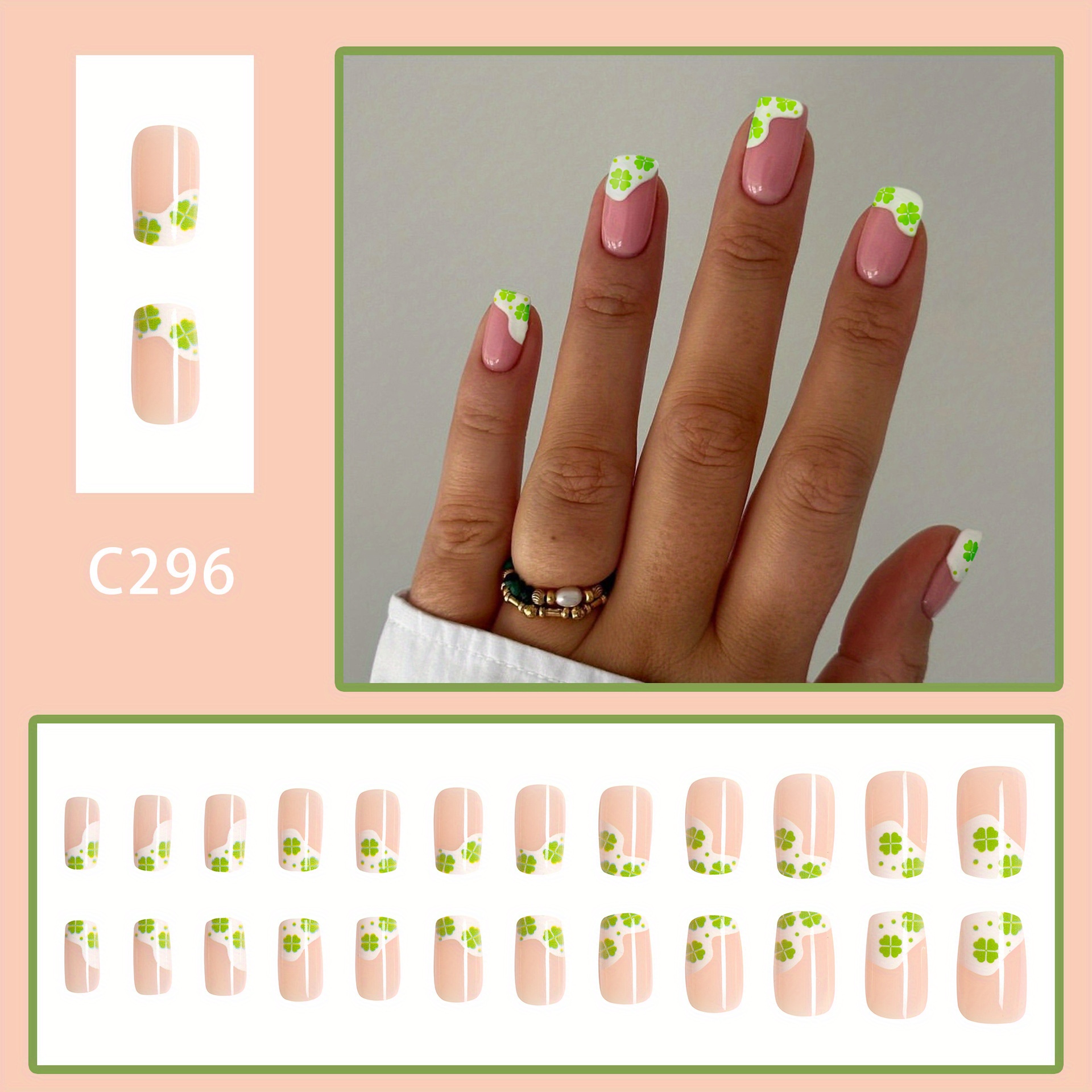 24pcs glossy st patrick press on nails four leaf patterned fake nails short square french style press on nails details 1