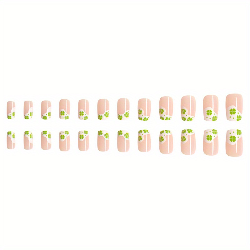 24pcs glossy st patrick press on nails four leaf patterned fake nails short square french style press on nails details 2