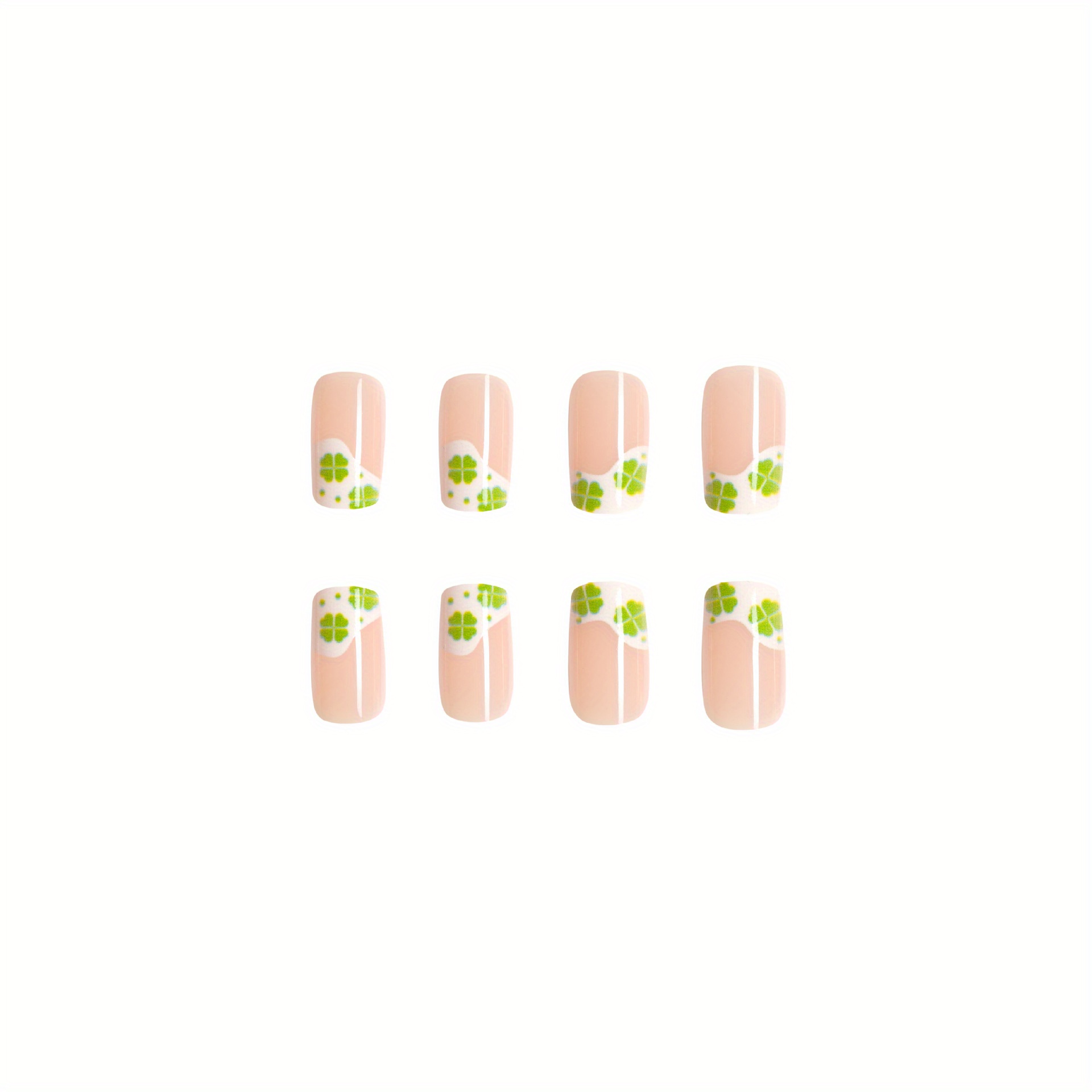 24pcs glossy st patrick press on nails four leaf patterned fake nails short square french style press on nails details 4