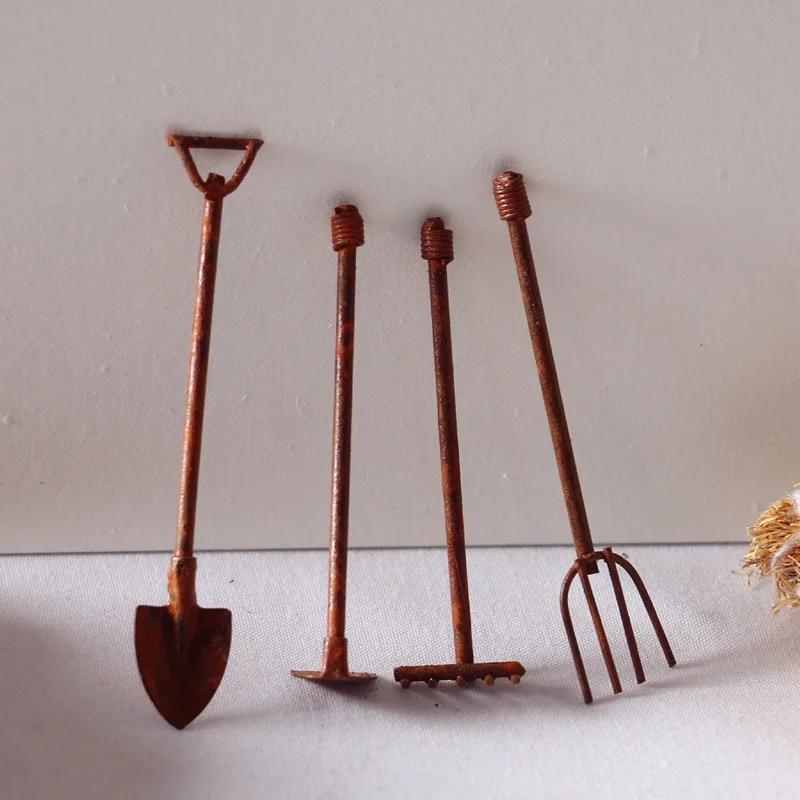 TEMU 4pcs/set Miniature Garden Tools Ornaments Rusty Metal Crafts Gardening Rusted Tool Set Garden Accessories