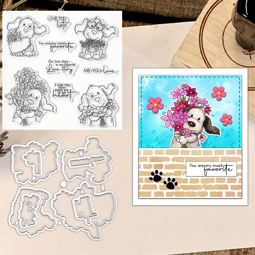 

Mangocraft Original Design Love Heart Flowers Dogs Cutting Dies Clear Stamp Valentine's Diy Scrapbooking Metal Dies Silicone Stamps For Cards Eid Al-adha Mubarak