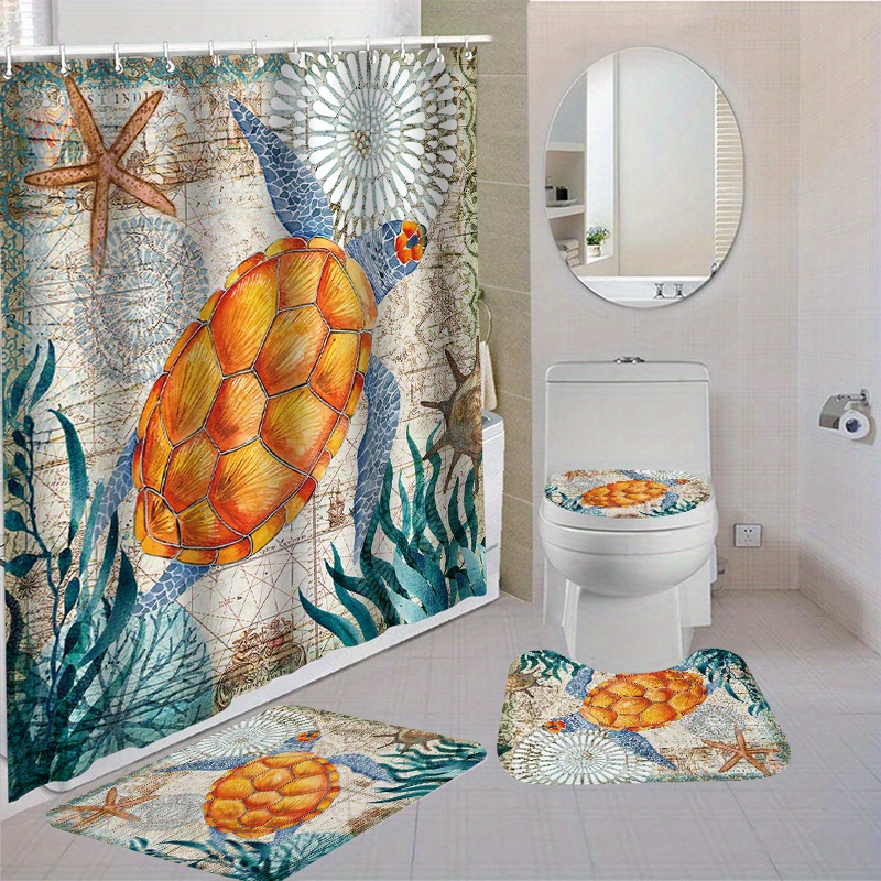 1/4pcs Ocean Turtle Pattern Shower Curtain Set, Shower Curtain With 12  Hooks, Non-Slip Bath Mat, U-Shaped Toilet Mat, Toilet Mat, Bathroom Decor  Acces