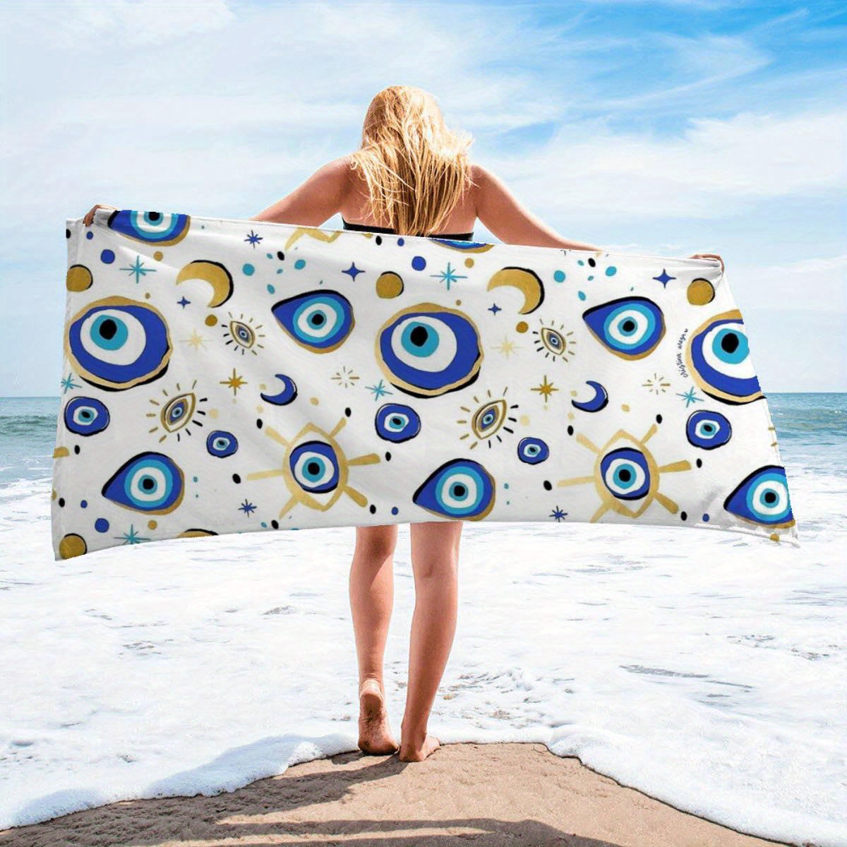 

1pc Moon & Star & Evil Eye Printed Beach Towel, Super Absorbent Swimming Towel, Comfortable Beach Towel, Fashionable Pool Towel, Beach Accessories, Holiday Essential Gift
