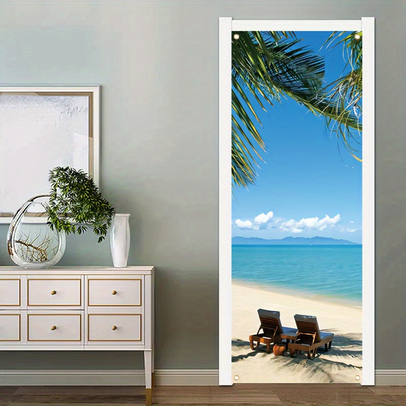 

1pc, 70x35 Inch Vinyl Door Cover Banner, Vinyl, Beach, Porch Sign Holiday Party Front Door Hanging Background Indoor Outdoor Banner Home Decor