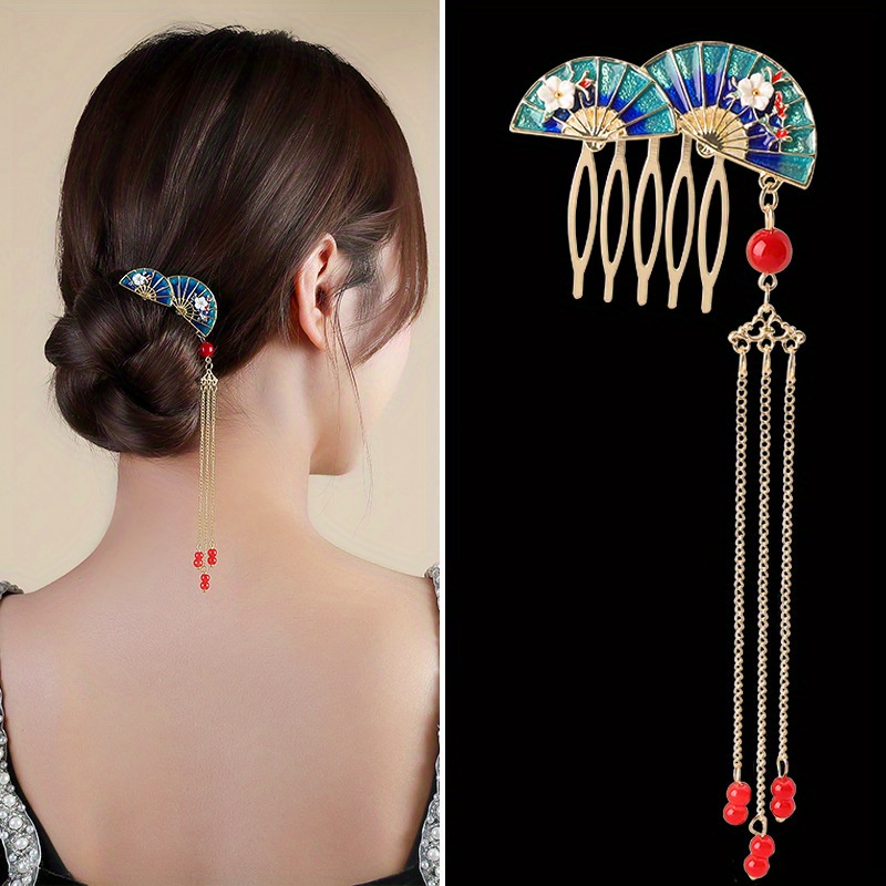 

1pc Chinese Style Fan Shaped Hair Comb Imitation Pearl Tassel Hairpin Hair Updo Bun Double Fan Chain Headwear For Women