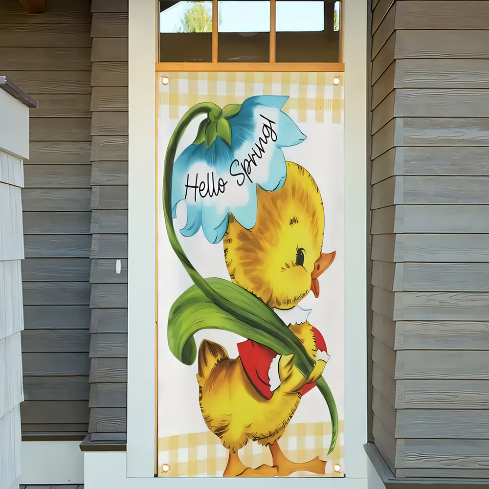 

1pc, 70x35 Inch Door Cover Banner,vinyl, Hello Spring, Easter Spring, Modern Retro Easter Chick,porch Sign Holiday Party Front Door Hanging Background Indoor Outdoor Banner Home Decor