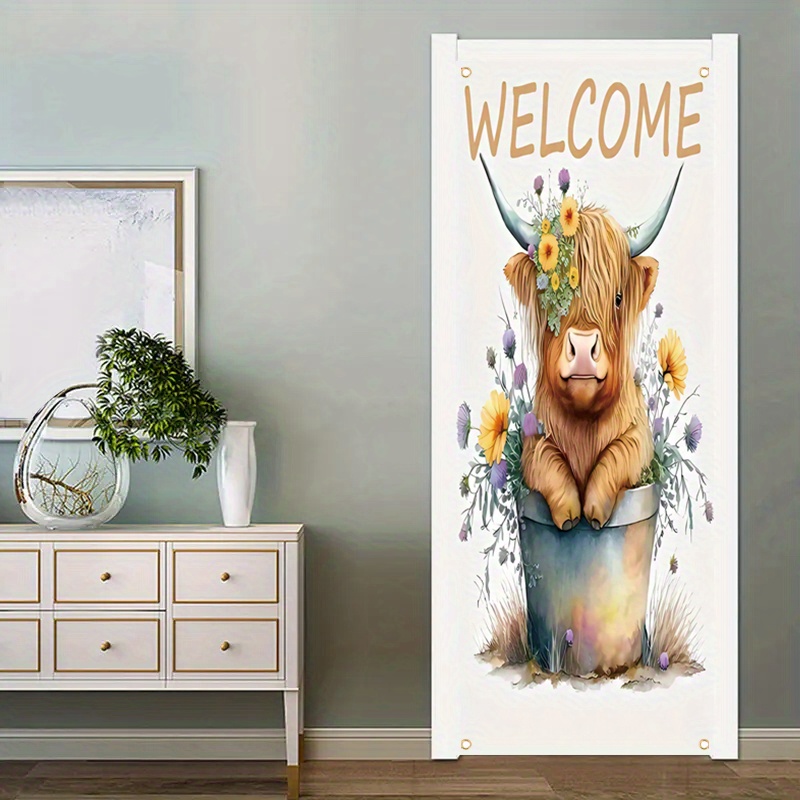 

1pc, 70x35 Inch Door Cover Banner,vinyl,welcome Highland Cow, Farmhouse Floral Cow Yard Decoration Porch,porch Sign Holiday Party Front Door Hanging Background Indoor Outdoor Banner Home Decor