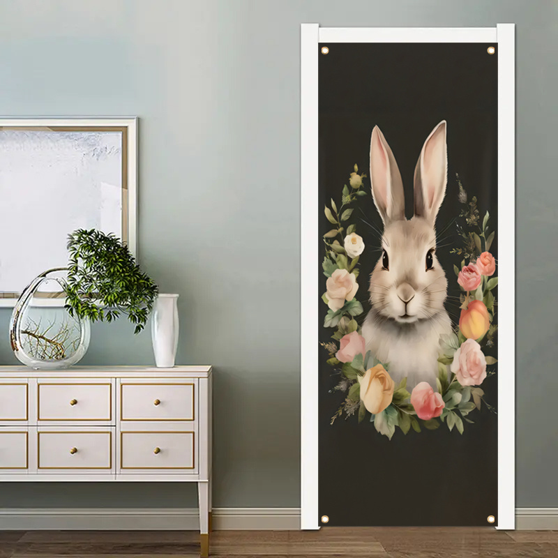 

1pc, 70x35 Inch Door Cover Banner,vinyl,easter Gray Bunny,porch Sign Holiday Party Front Door Hanging Background Indoor Outdoor Banner Home Decor