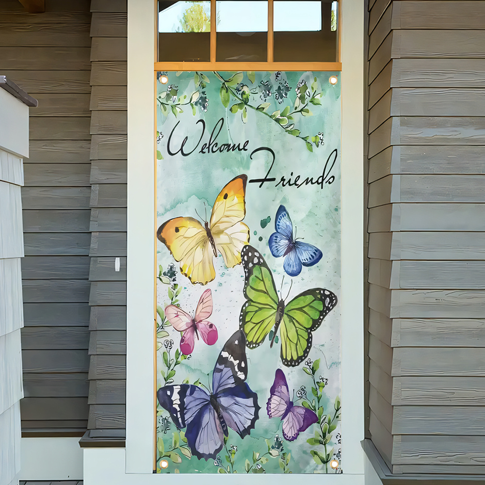 

1pc, 70x35 Inch Vinyl Door Cover Banner,vinyl,welcome Friends Butterfly Spring, Porch Sign Holiday Party Front Door Hanging Background Indoor Outdoor Banner Home Decor