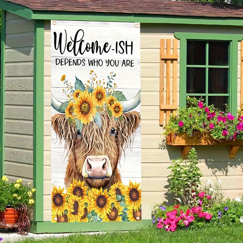 

1pc, 70x35 Inch Vinyl Door Cover Banner,vinyl,cow With Sunflowers, Porch Sign Holiday Party Front Door Hanging Background Indoor Outdoor Banner Home Decor