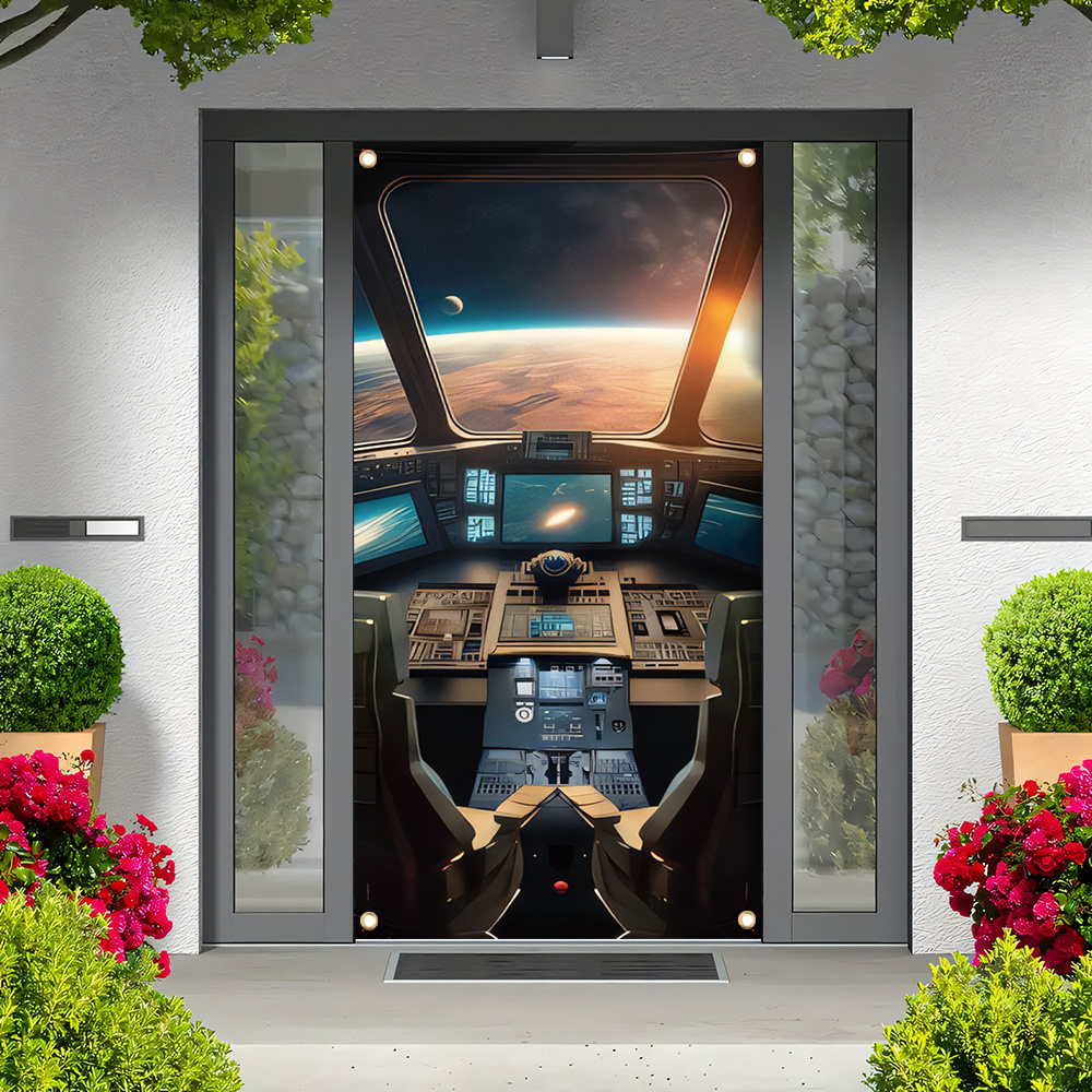 

1pc, 70x35 Inch Door Cover Banner,vinyl,spaceship Cockpit,porch Sign Holiday Party Front Door Hanging Background Indoor Outdoor Banner Home Decor