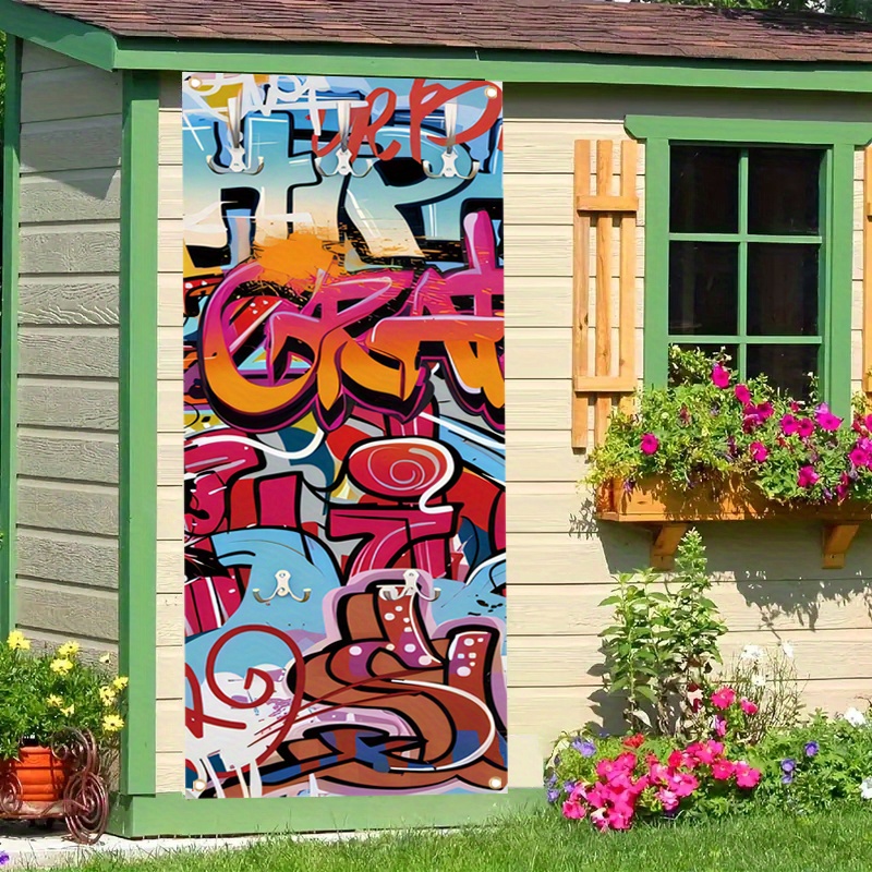 

1pc, 70x35 Inch Door Cover Banner,vinyl, Art Graffiti,porch Sign Holiday Party Front Door Hanging Background Indoor Outdoor Banner Home Decor
