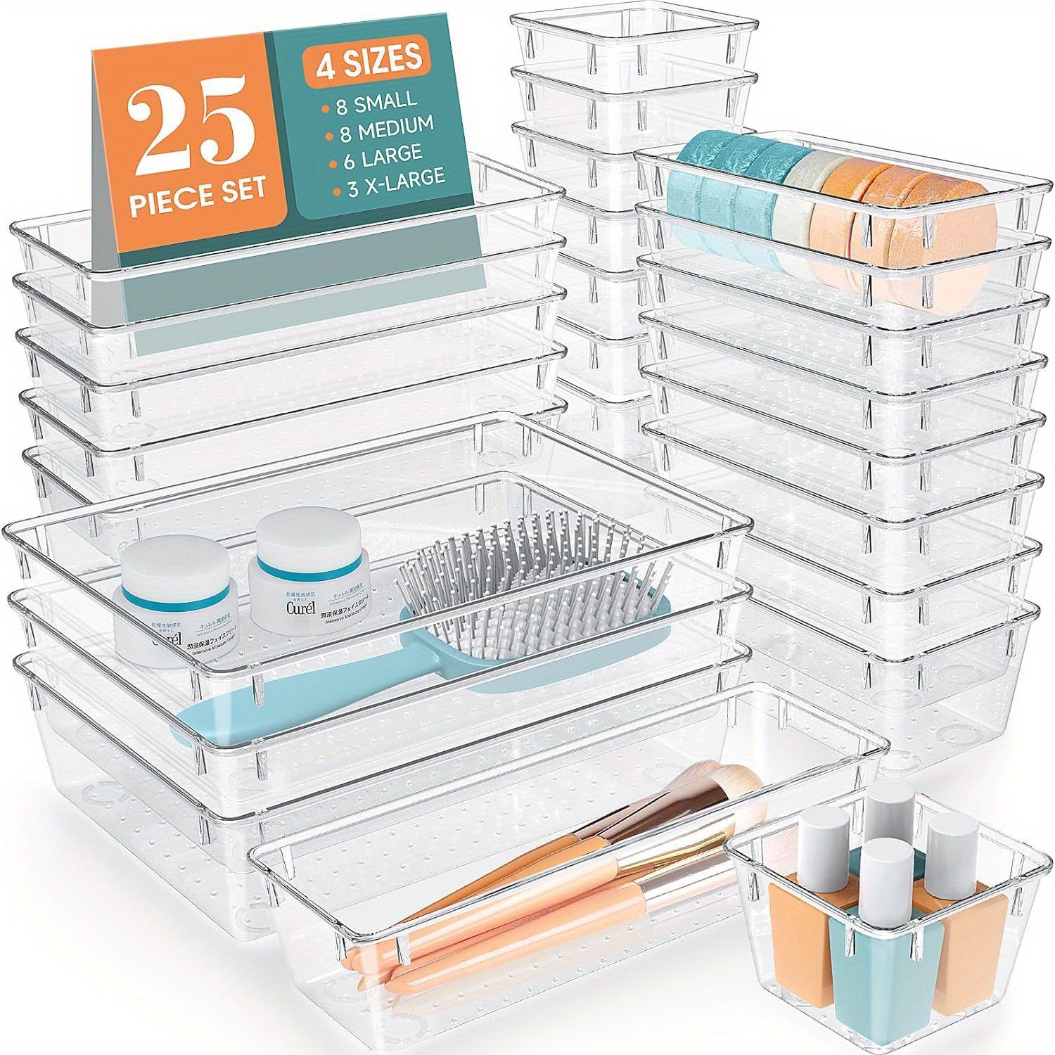 

25pcs Transparent Plastic Drawer Storage Box Set, 4 Sizes Divided Cosmetics Storage Box, Home Office Utensils, Tableware Finishing Box
