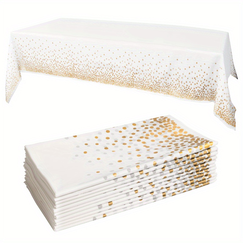 

6pcs, Premium Disposable Tablecloth, Party Tablecloth, Rectangular Table Decorative Tablecloth, White Plastic Tablecloth, Leak-proof And Sturdy, 54 X 108 Inches, White With Golden Dots