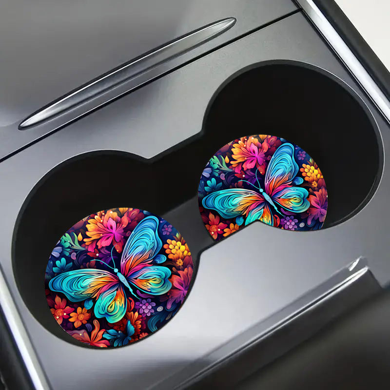 

2pcs Butterfly Pattern Absorbent Auto Coasters, Car Cup Holders Coasters, Car Accessories For Women, Men