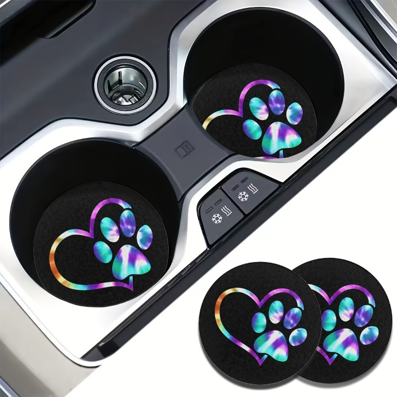 2pcs Paw & Heart Printed Absorbent Car Cup Holder Coasters - Car Interior Additions, Cup Coasters For Car Vehicles & Home Desk