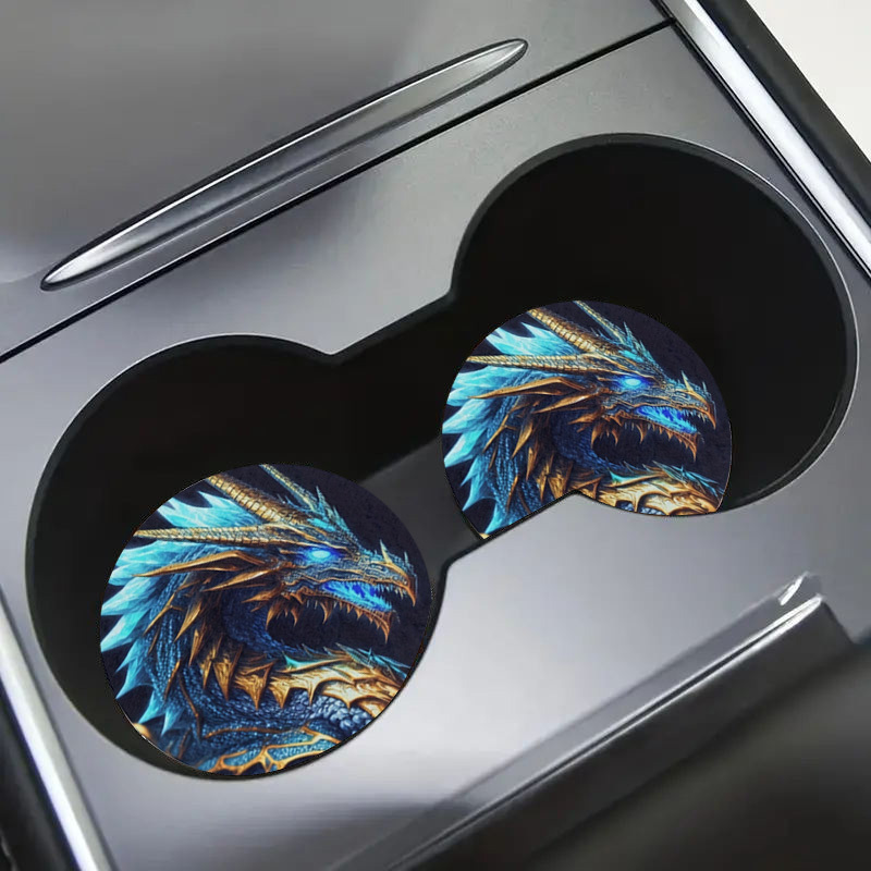 

2pcs Dragon Pattern Absorbent Car Cup Holder Coasters - Car Interior Accessories For Women & Men, Water Cup Coasters For Car Vehicle & Home Desk