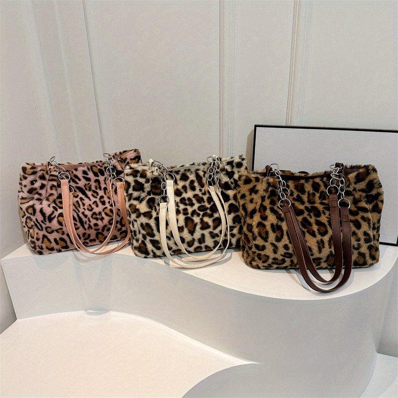 

Leopard Pattern Plush Tote Bag, Trendy Faux Fur Shoulder Bag, Y2k Fluffy Handbag For Women
