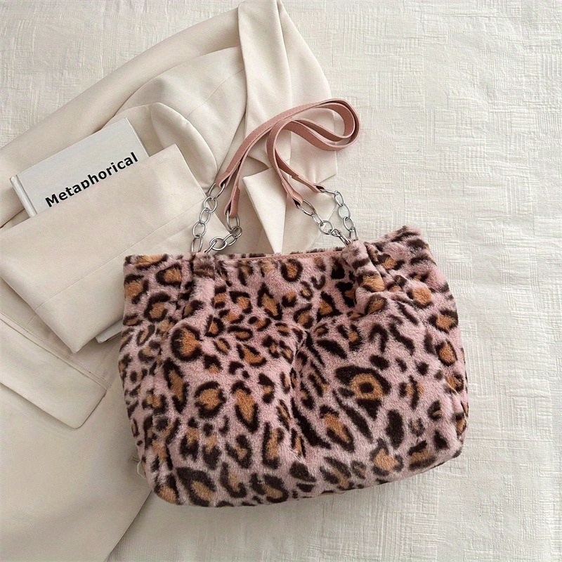 Fluffy Handbag Y2k Cheetah Bag Leopard Pattern Plush Tote Bag