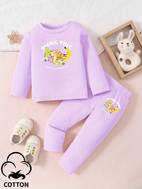 picnic time and cartoon fruit graphic print girls 2pcs cotton outfit comfy long sleeve t shirt and casual trouser set for fall and winter as gifts