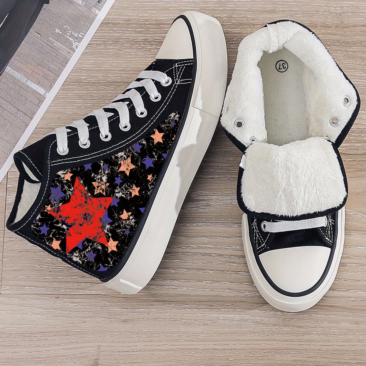 Women's Star Letter Pattern High Top Skate Shoes Faux Fur - Temu New Zealand