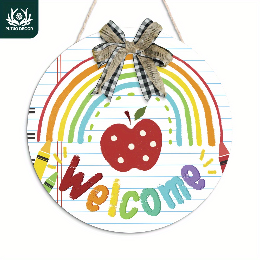 

1pc, Wooden Round Hanging Sign Decor With Bow Tie, Welcome, Wall Art Decoration For Home Primary School Preschool Farmhouse Classroom, 11.8 X 11.8 Inches Back To School Season Gifts