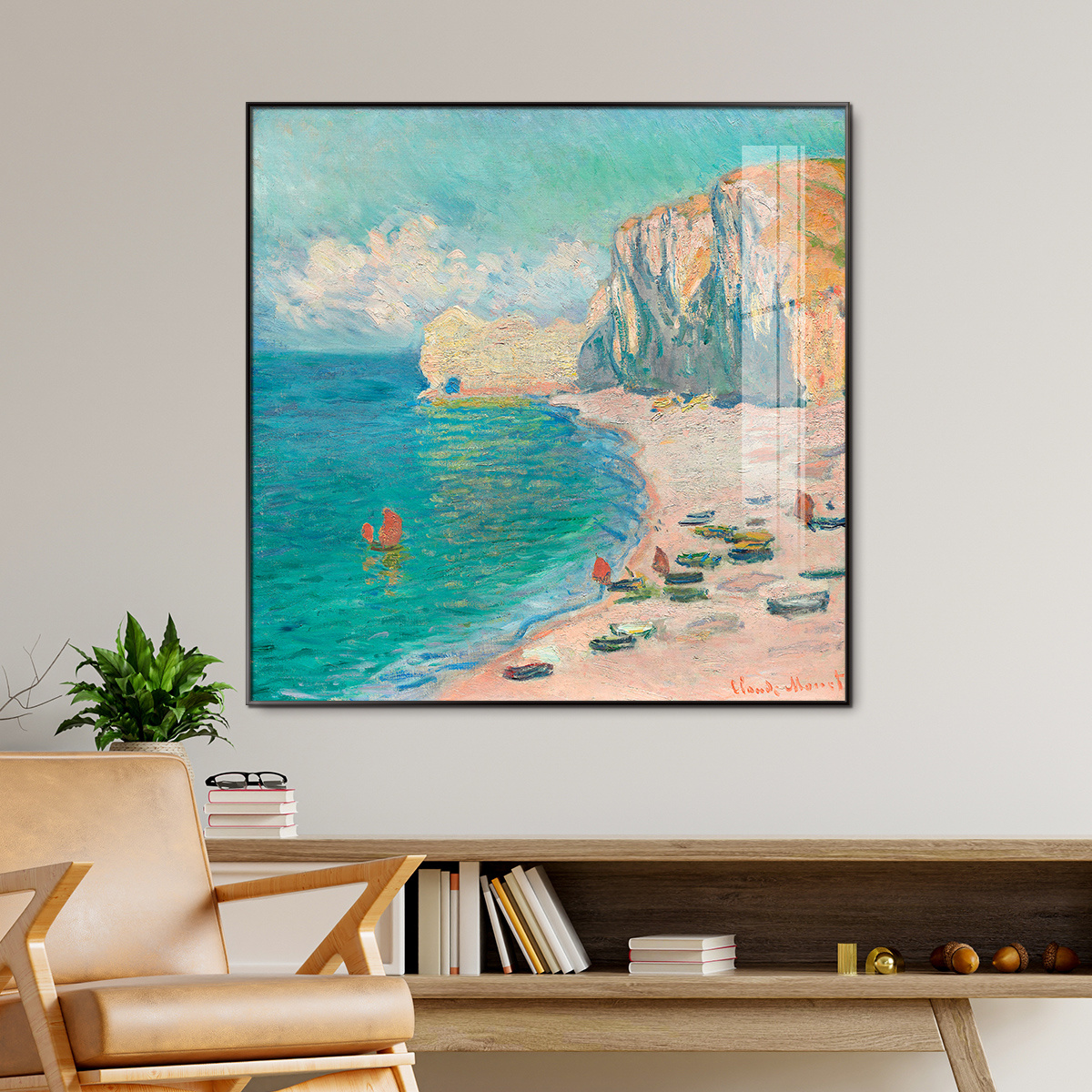 

1pc Framed Canvas Printing Wall Art, Vintage Oil Painting The Beach And The Falaise D'amont (1885) By Claude Monet, Wall Art With Waterproof Wooden Back, For Home Room Office Hotel Bar Wall Decoration