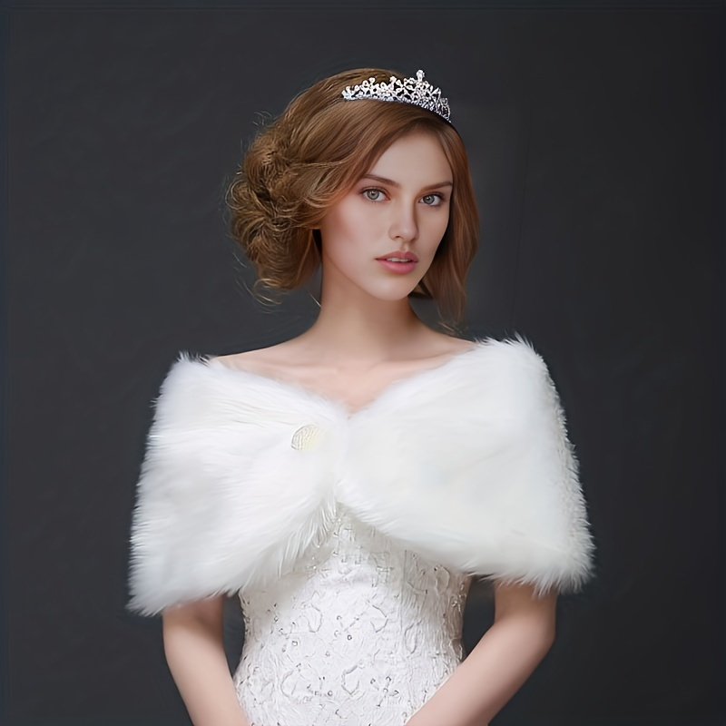 

1pc White Elegant Faux Fur Shawl Soft Plush Warm Cape Bride Wedding Dress Shawl Warm Cape Accessories For Women Autumn & Winter