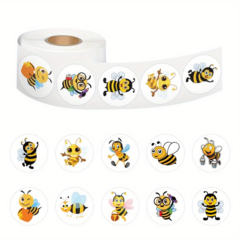 

500pcs/roll Cartoon Bee Colorful Vinyl Waterproof Stickers For Water Bottle Skateboard Notebook, Laptop