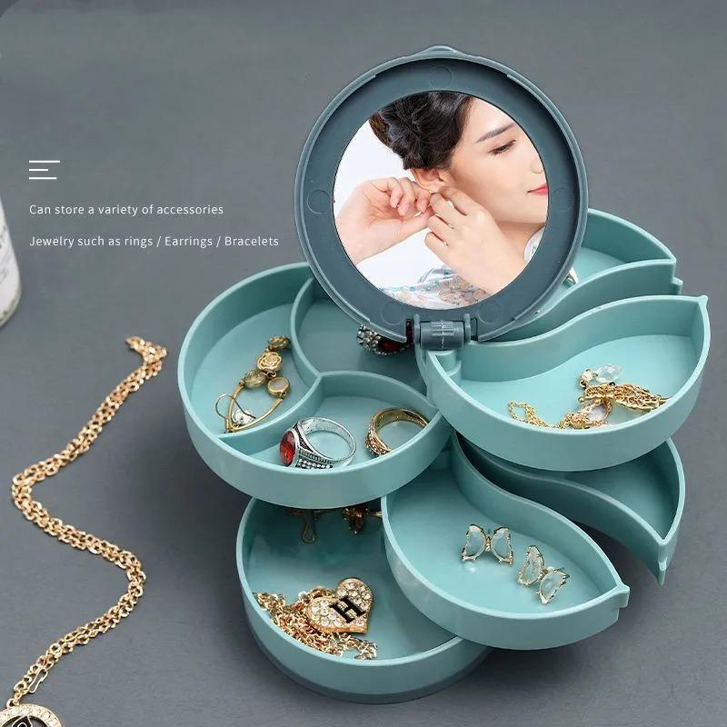 

1pc Rotating Jewelry Storage Box, Plastic 4-layer Organizer With Mirror, Multifunctional Earring Ring Bracelet Holder, Home Accessory Display Tray